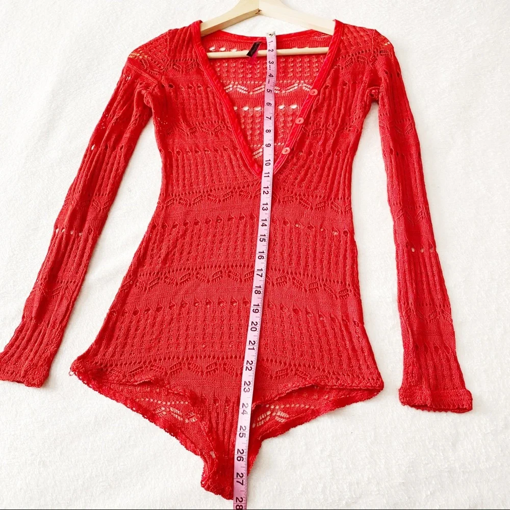 Red Crochet Henley Neckline Bodysuit